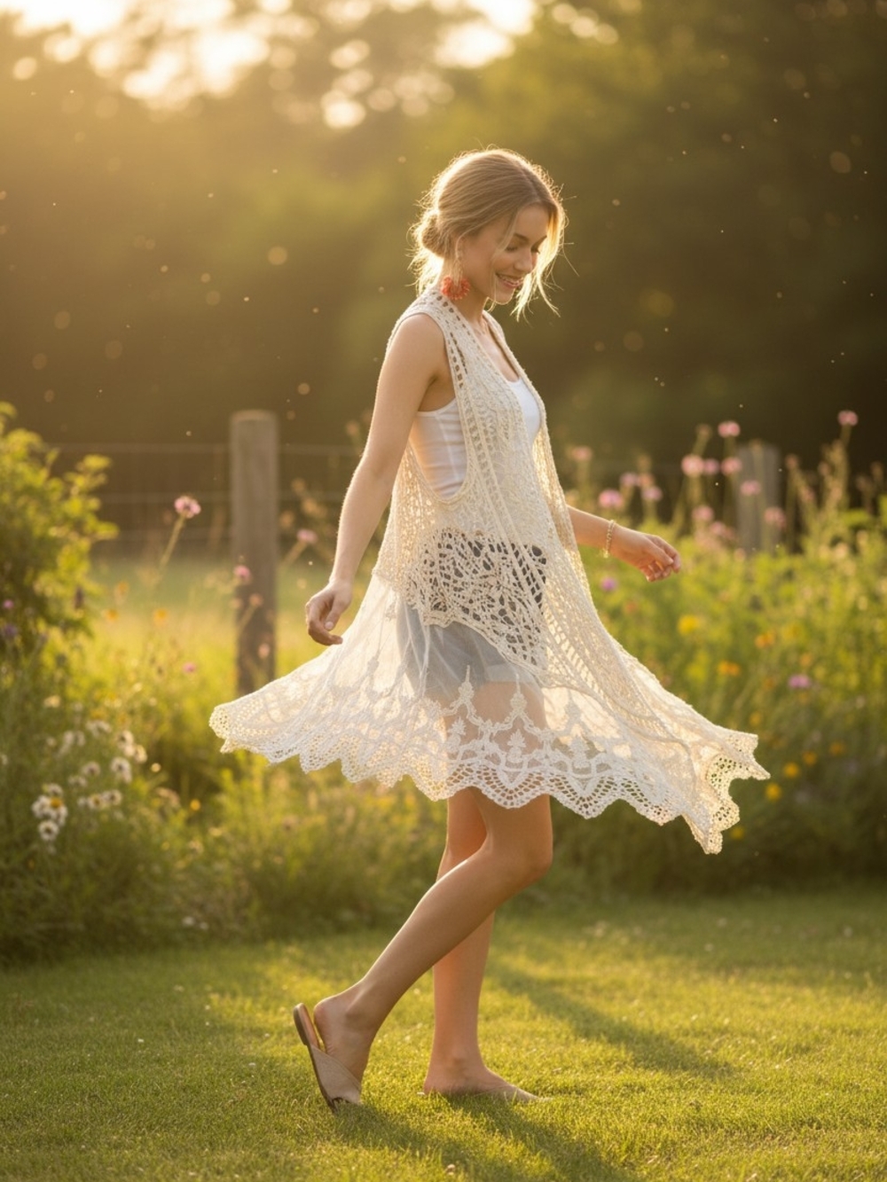 Lace & Crochet Open-Front Vest - Cream